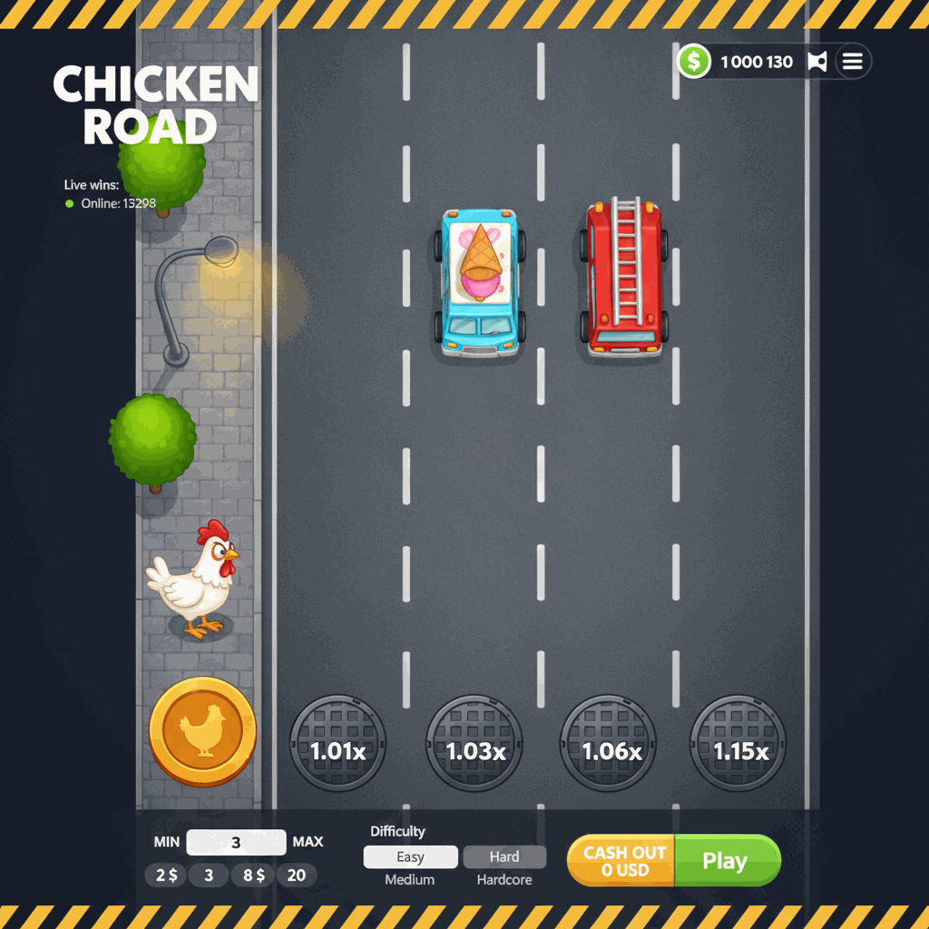 Écran de jeu Chicken Road montrant une poule cartoon blanche sur un trottoir urbain avec arbres et lampadaire, s'apprêtant à traverser une route à plusieurs voies séparées par des lignes blanches pointillées, avec des plaques d'égout circulaires indiquant les multiplicateurs de gains progressifs sur chaque voie
